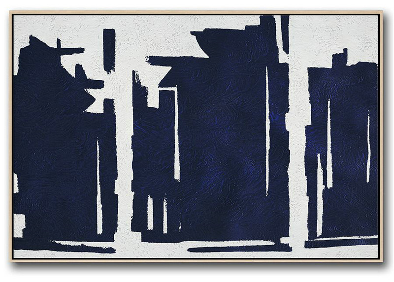 Canvas Wall Art,Horizontal Abstract Painting Navy Blue Minimalist Painting On Canvas,Acrylic Painting Large Wall Art